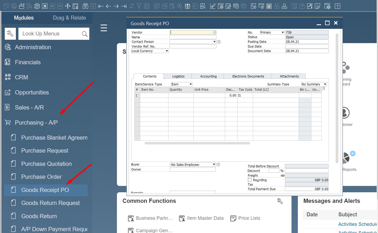 SAP B1 purchasing and A/P documents