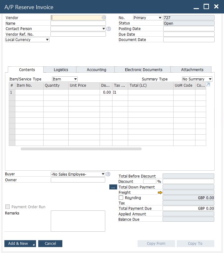 SAP B1 purchasing and A/P documents