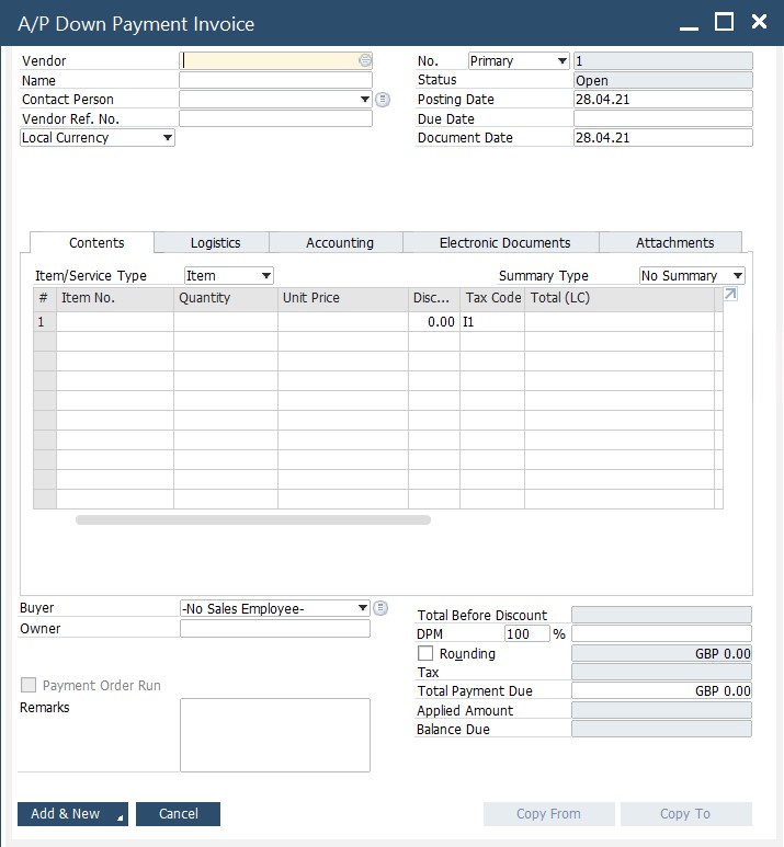 SAP B1 purchasing and A/P documents