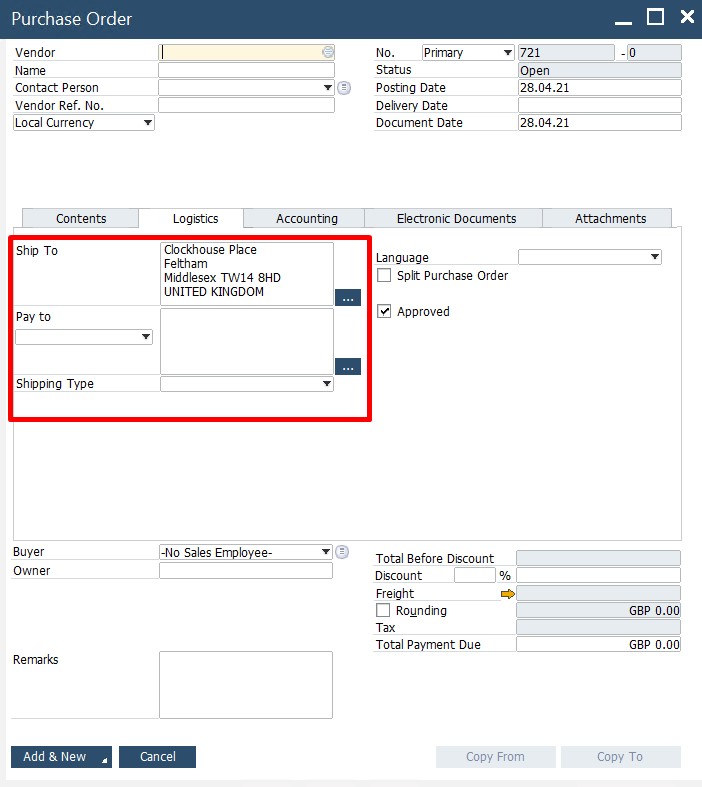 SAP B1 purchasing and A/P documents