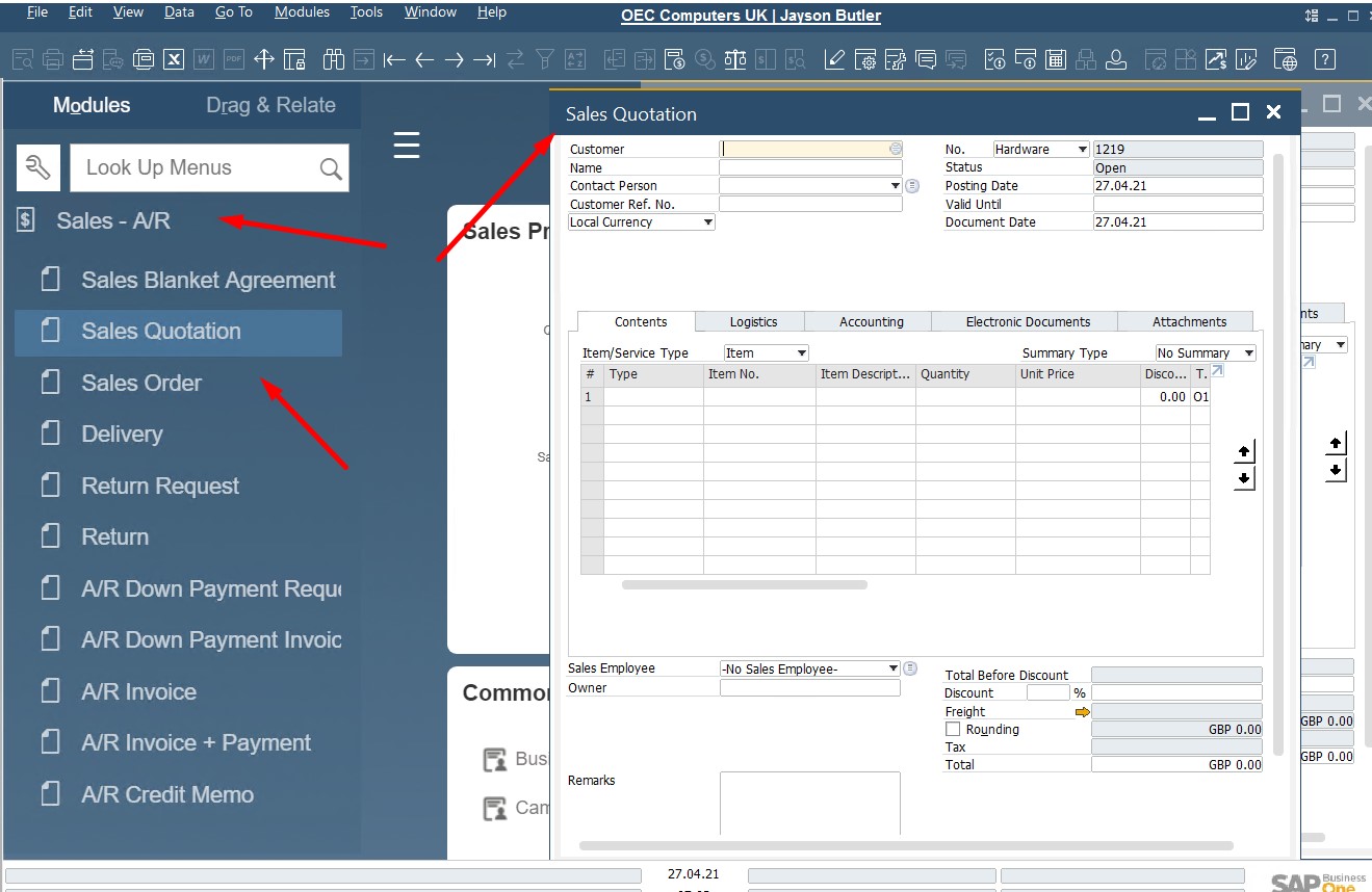 SAP B1 sales and A/R documents