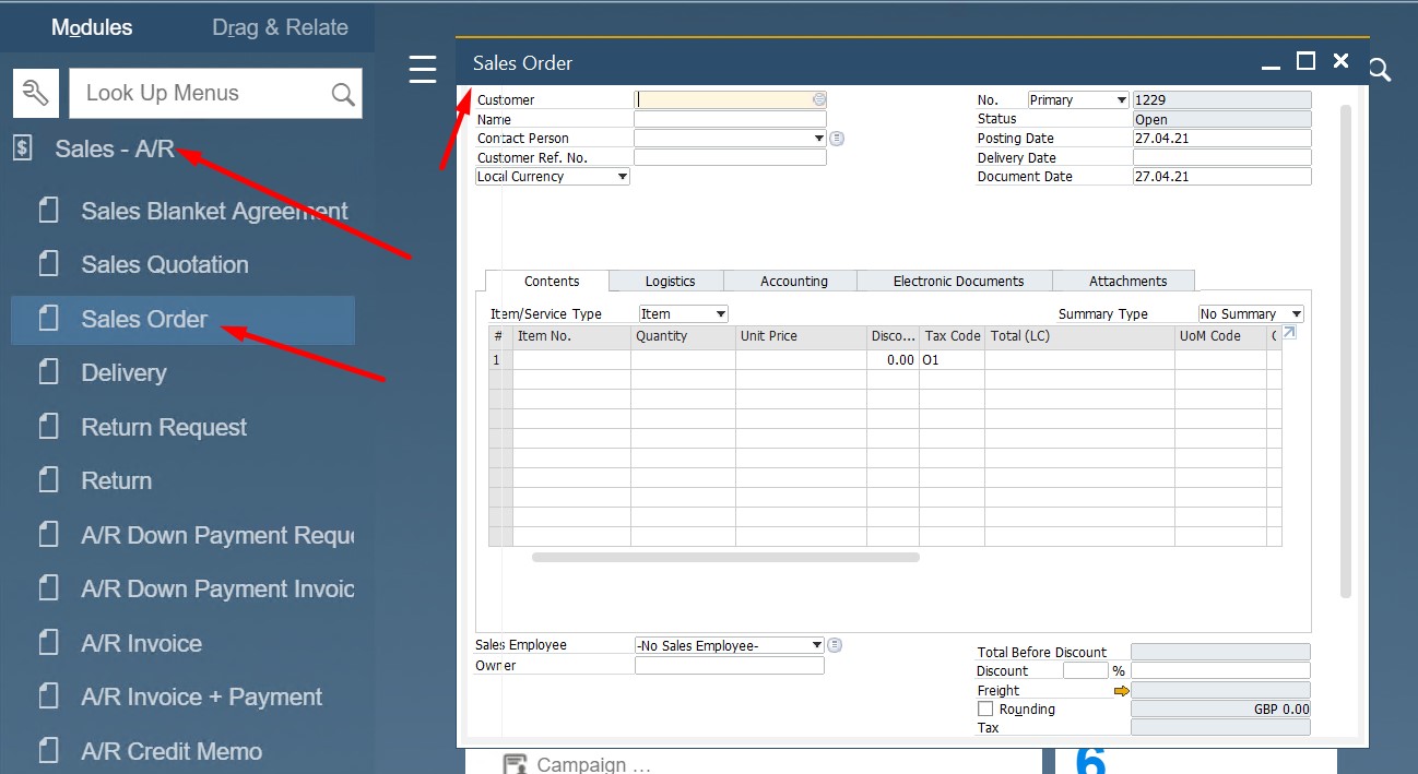 SAP B1 sales and A/R documents