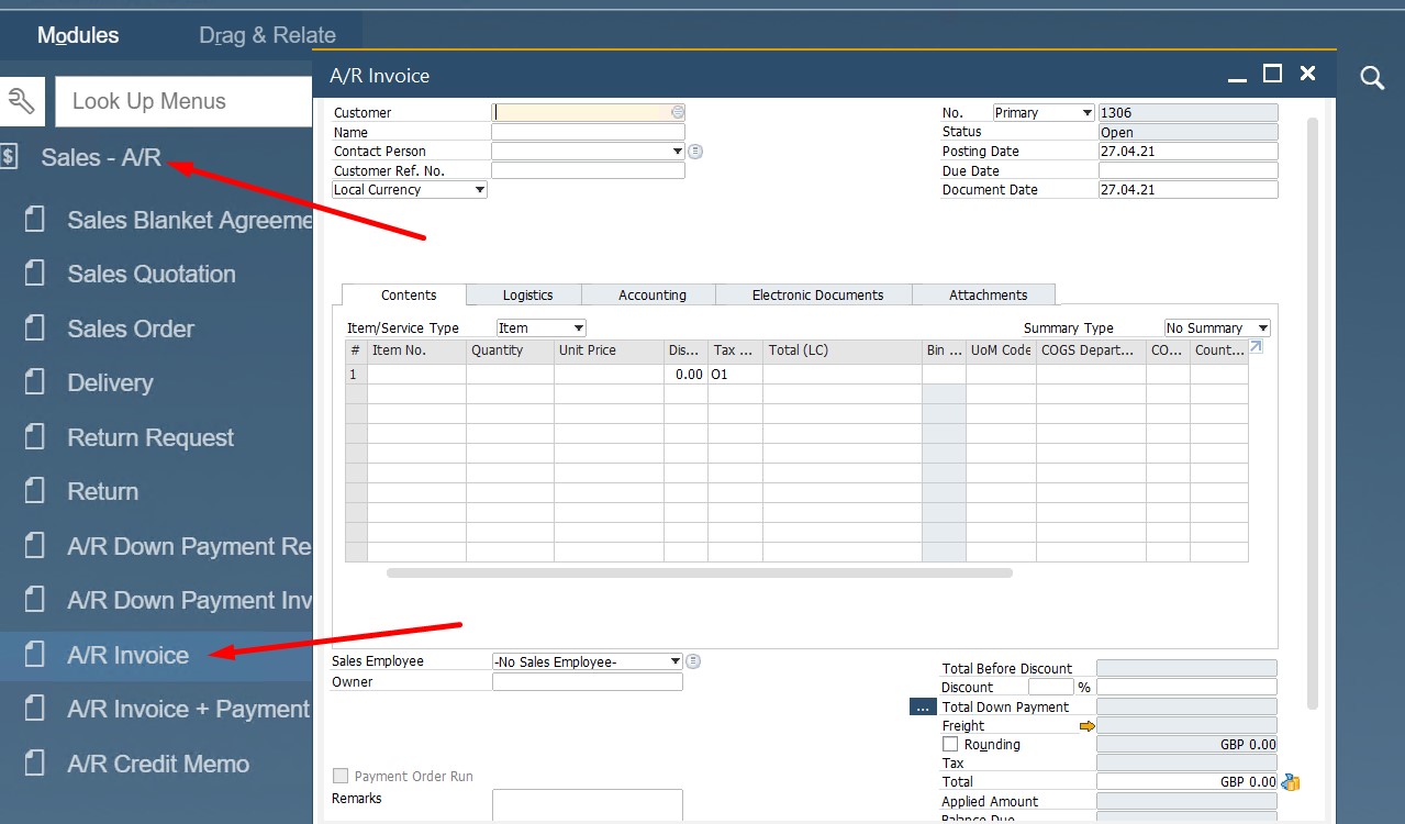 SAP B1 sales and A/R documents