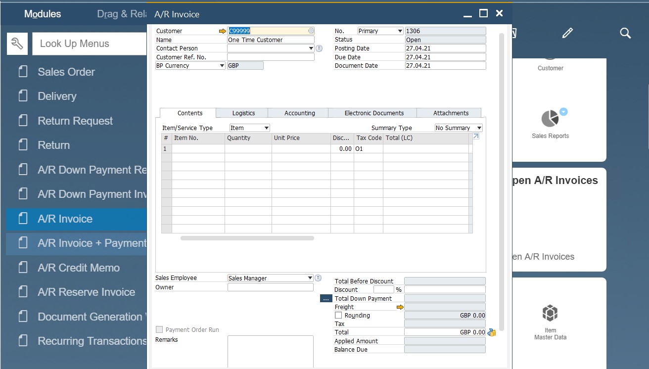 SAP B1 sales and A/R documents