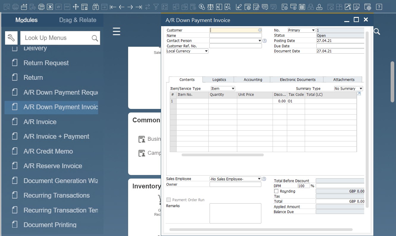 SAP B1 sales and A/R documents