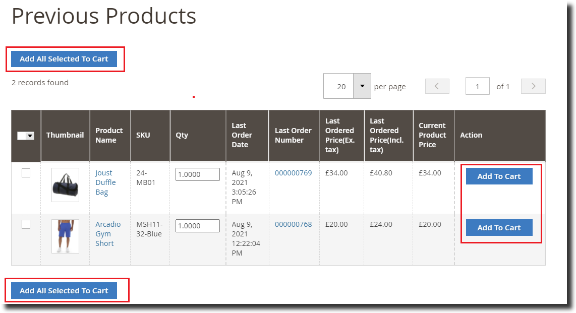 Magento 2 Reorder Previous products Add to Cart