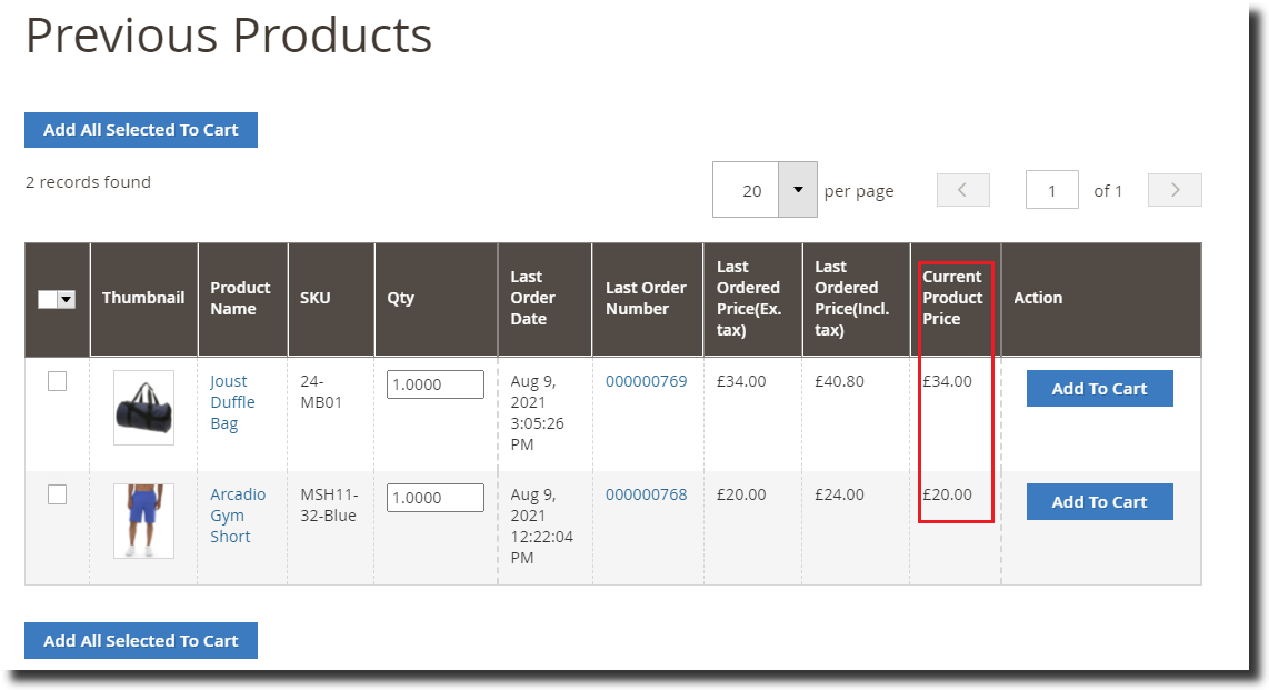 Magento 2 Reorder Previous products Current Product Price