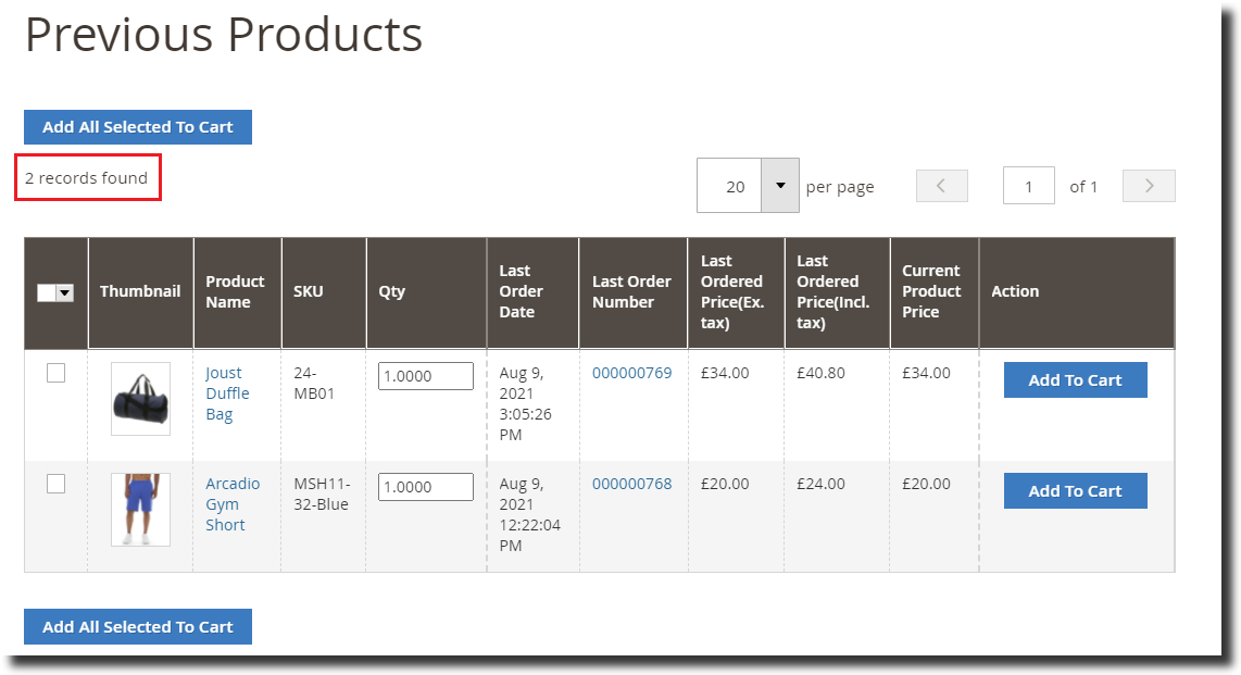 Magento 2 Reorder Previous products selected records