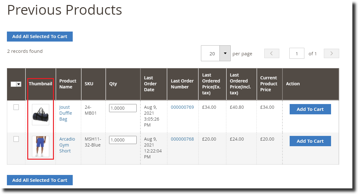 Magento 2 Reorder Previous products Thumbnail