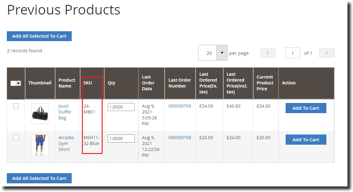 Magento 2 Reorder Previous products SKU