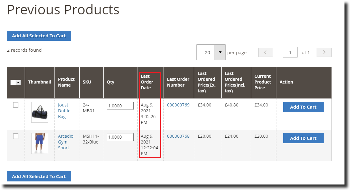 Magento 2 Reorder Previous products Last Order Date