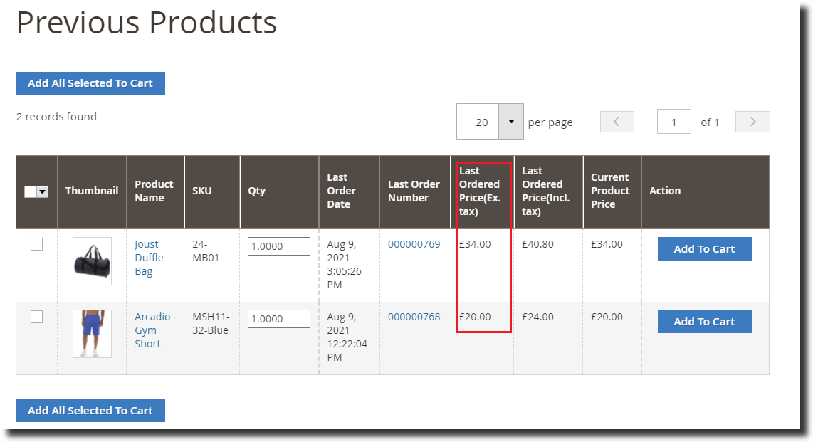 Magento 2 Reorder Previous products Last Order Price(incl taxes)