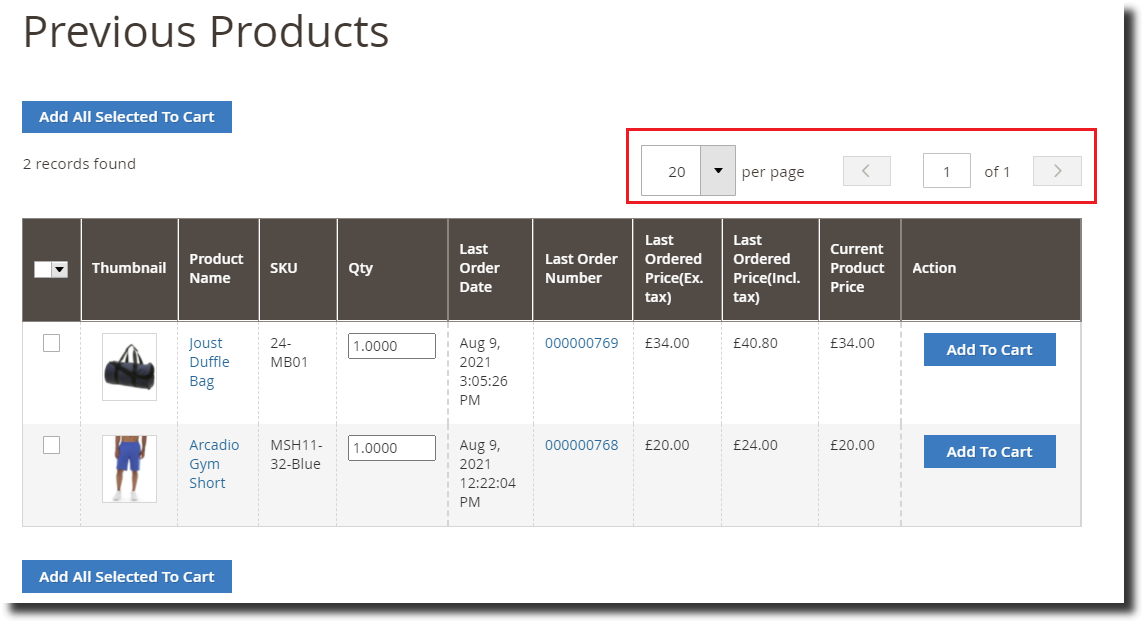 Magento 2 Reorder Previous products Pagination