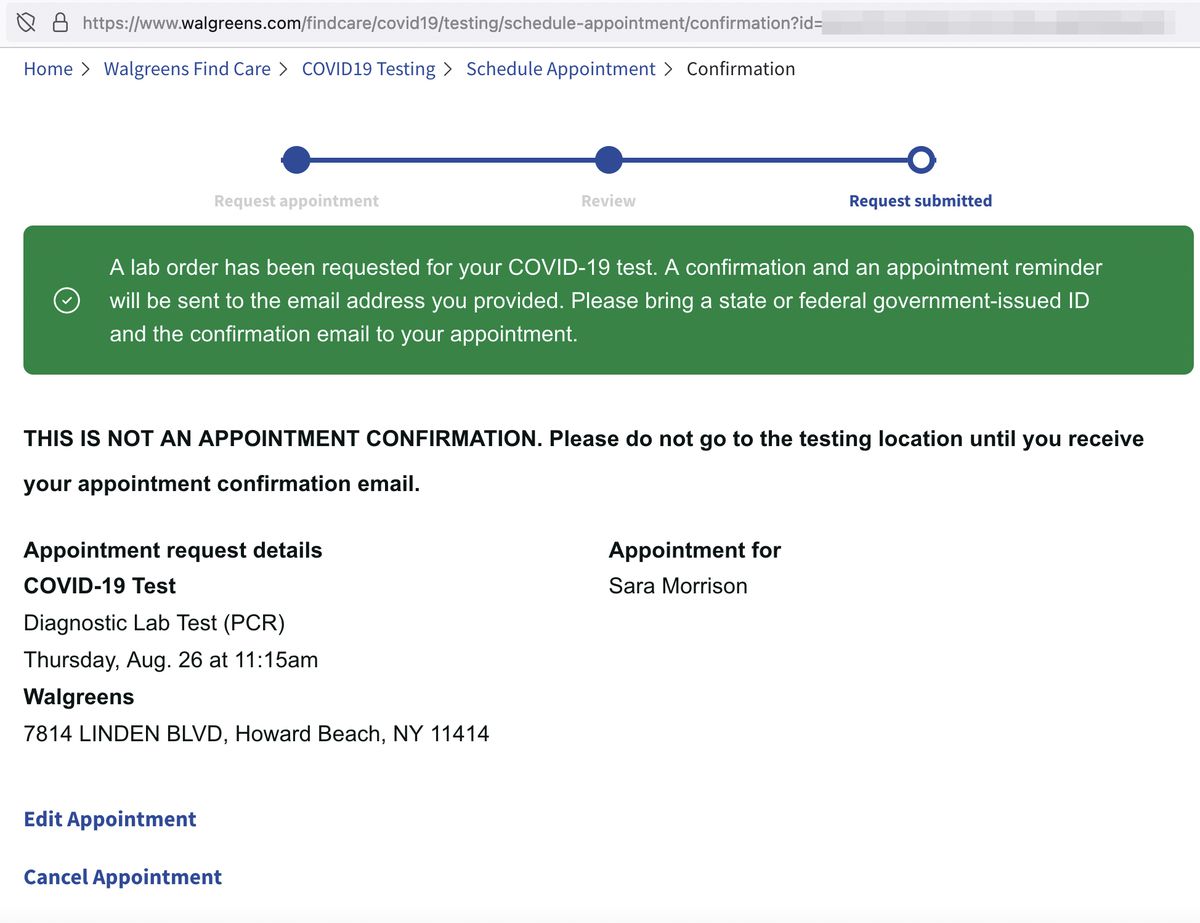 The page created after a patient signs up for a Covid-19 test (patient ID in URL has been blurred).