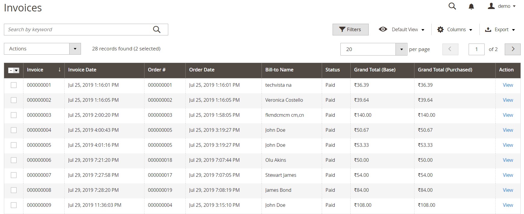 Magento 2 invoices generate import export