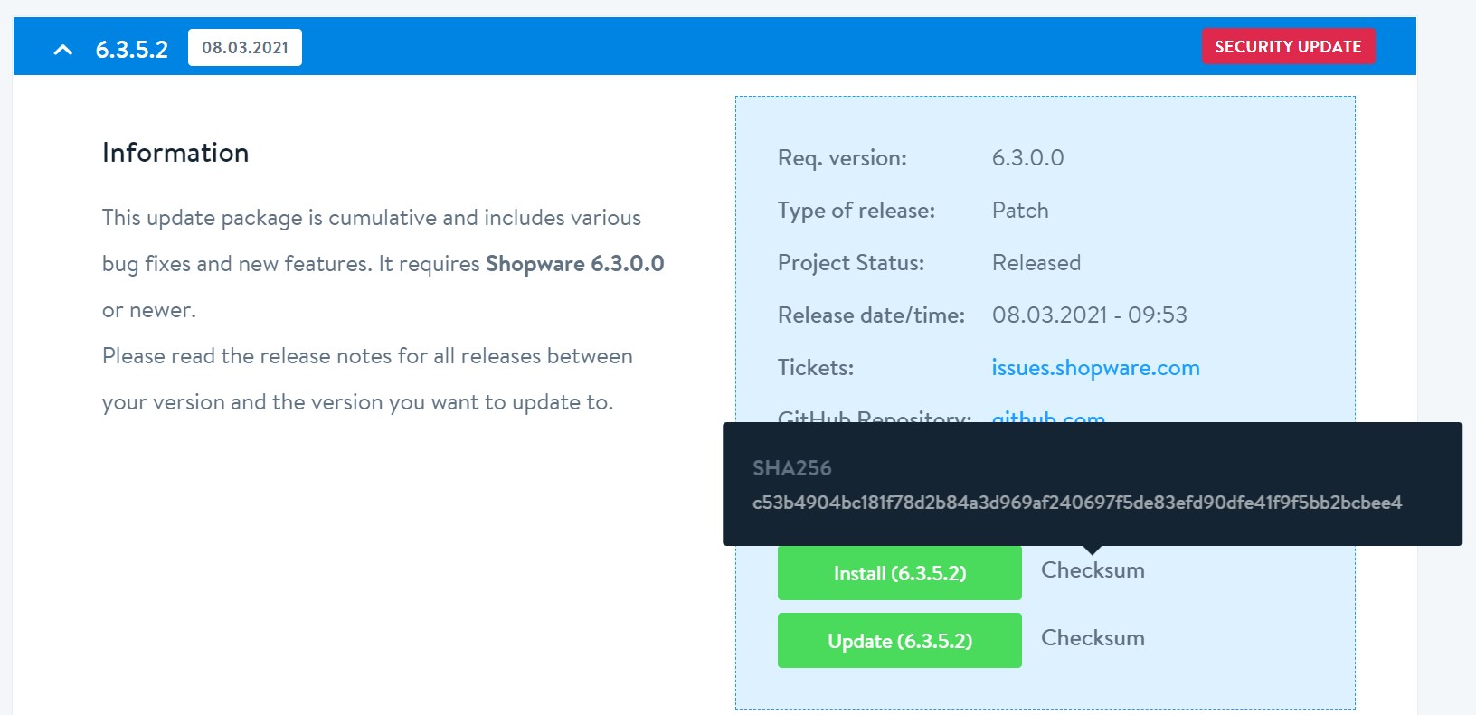 Shopware 6 installation: checksum