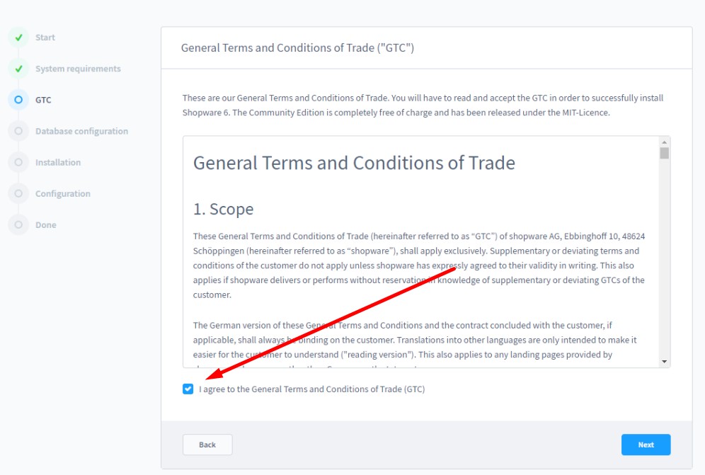 Shopware 6 installation: accept general terms