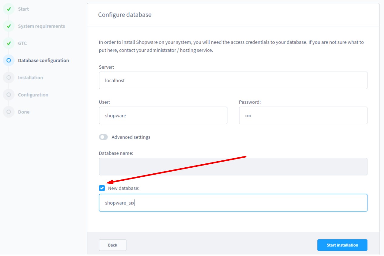 Shopware 6 installation: create new database