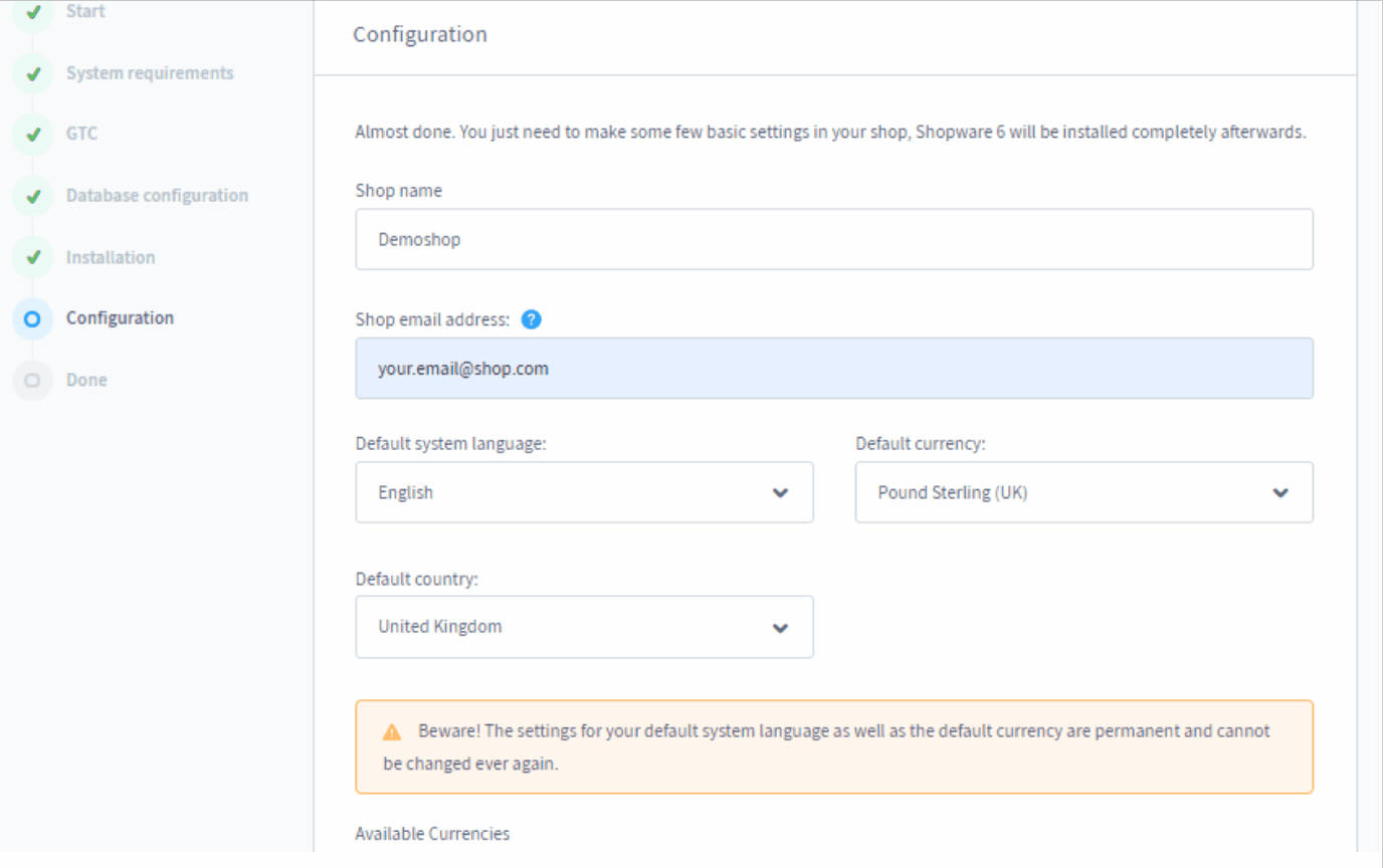 Shopware 6 installation: store configuration