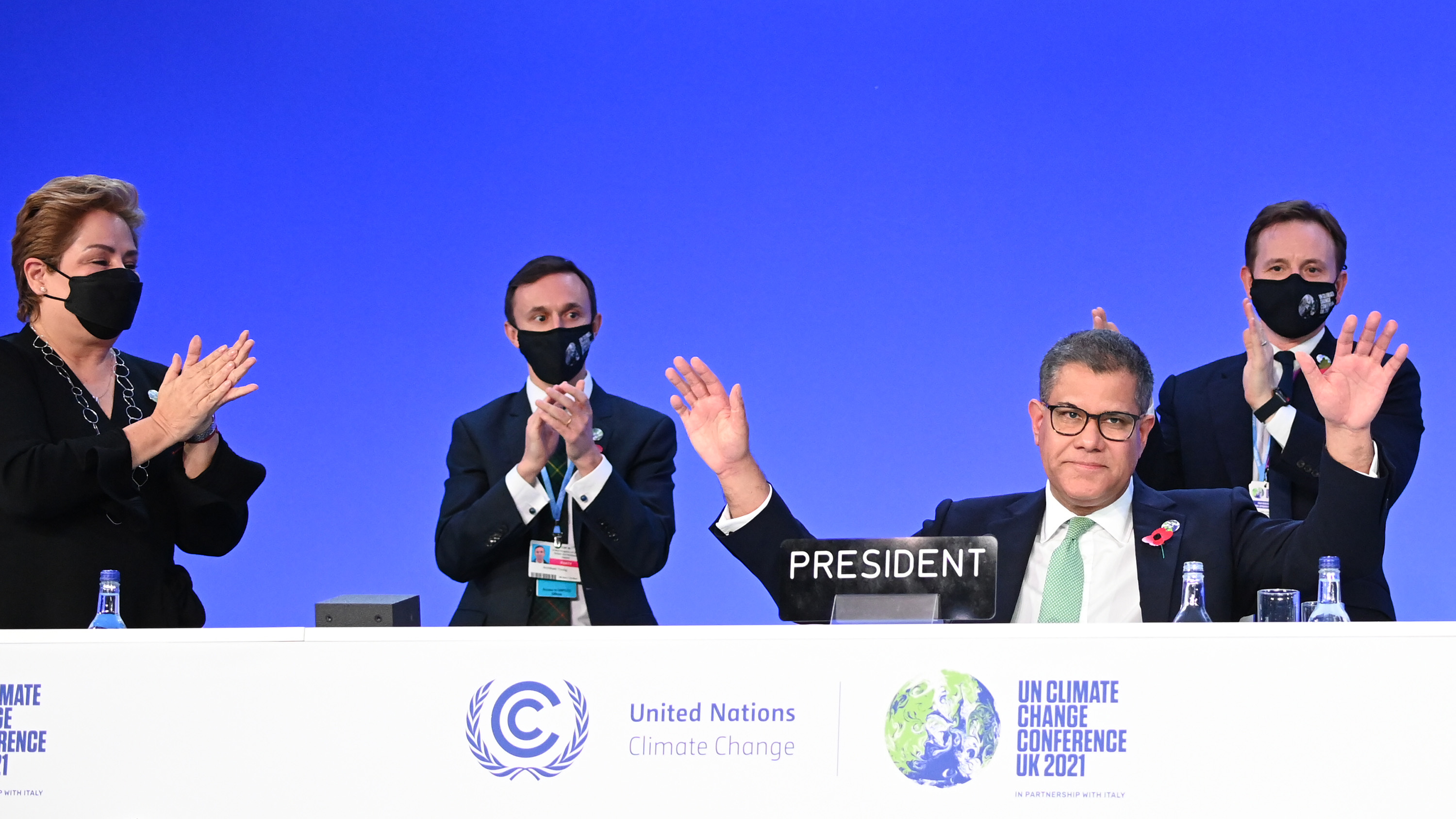 COP26 President Alok Sharma receives applause after giving closing speech at COP26