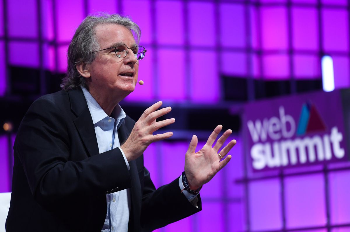 Roger McNamee speaking onstage at Web Summit.