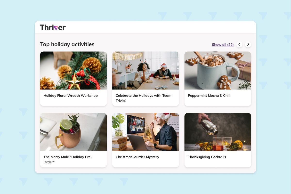 Image of Thriver website with top holiday activities, including a wreath workshop, Christmas murder mystery and mocha making.
