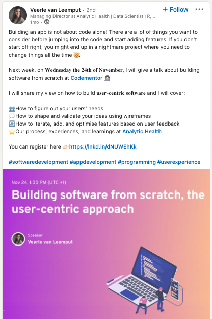 Veerle LinkedIn Codementor Event Promotion