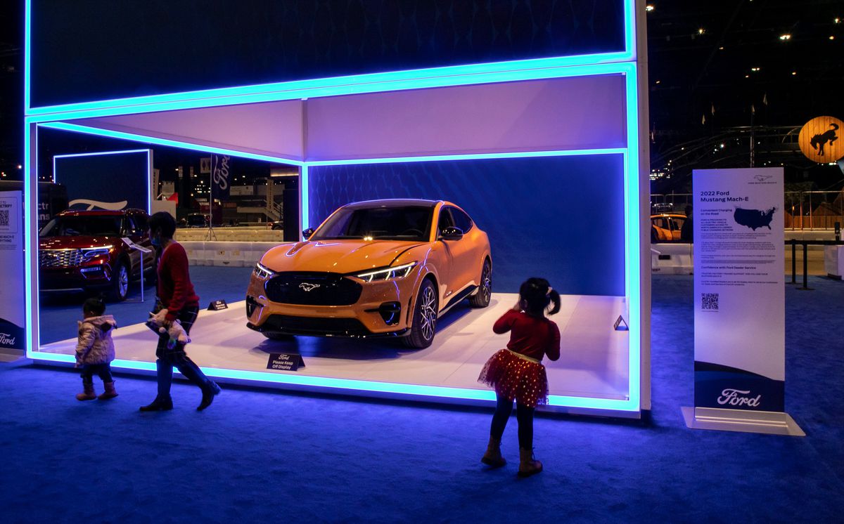 The 2022 Ford Mustang Mach-E GT is displayed during the Chicago Auto Show at McCormick Place in Chicago, 