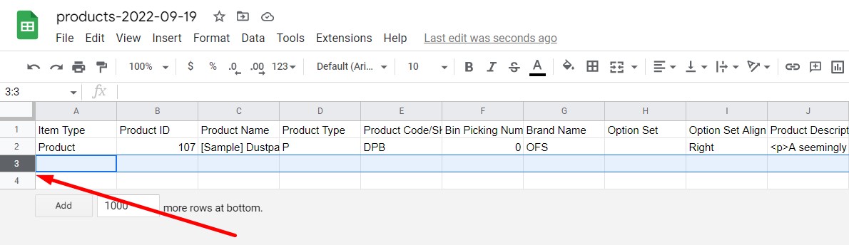 BigCommerce product import: add new rows for product options