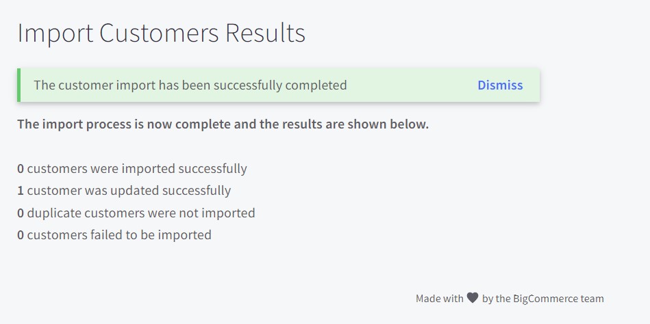 BigCommerce import customers results