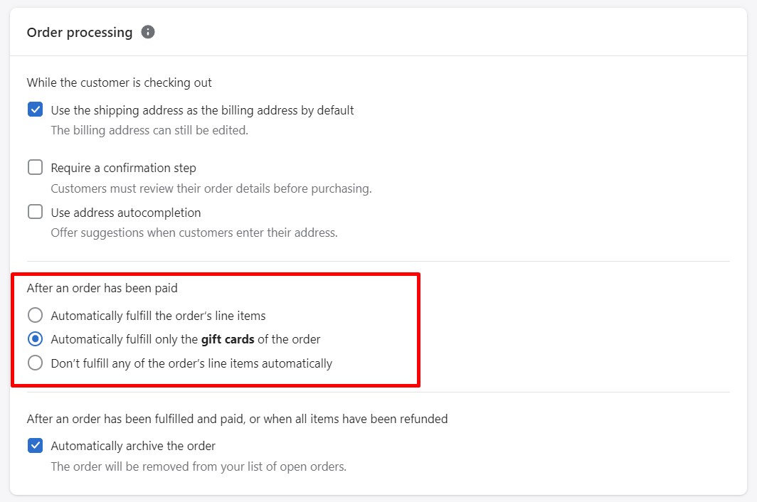 How to configure gift card fulfillment settings on Shopify