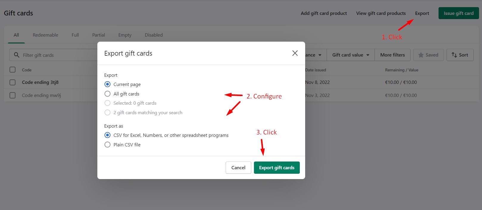 How to export shopify gift cards
