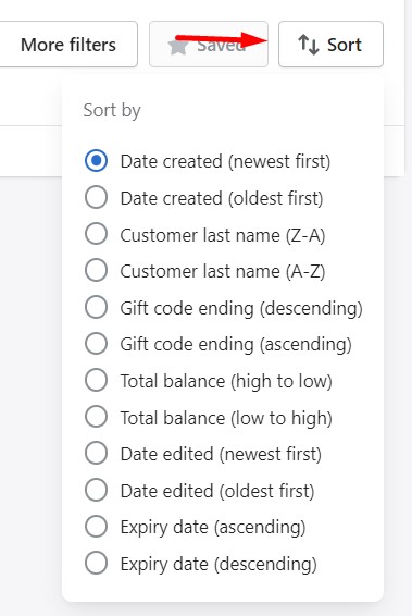 Shopify gift card sort order options