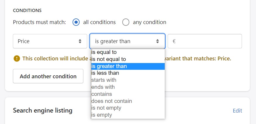 Shopify Collections condition match