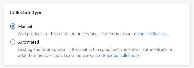 shopify collection type manual