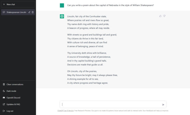 ChatGPT can answer questions, write programs, and even compose poetry about Nebraska.