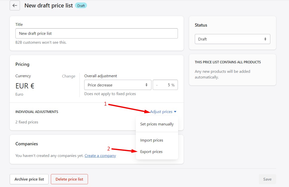 add shopify price list export