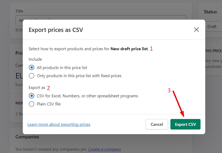 add shopify price list export