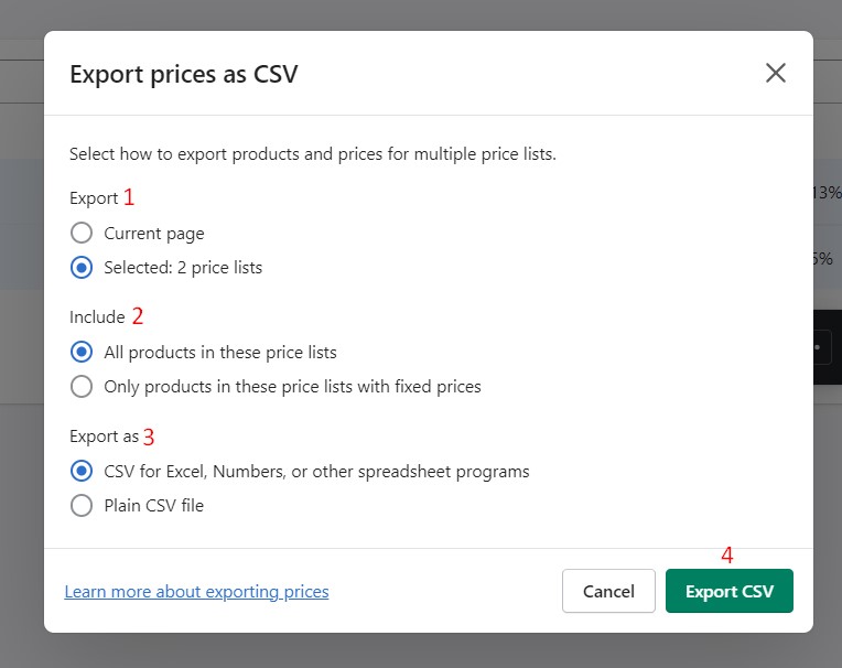 add shopify price list export