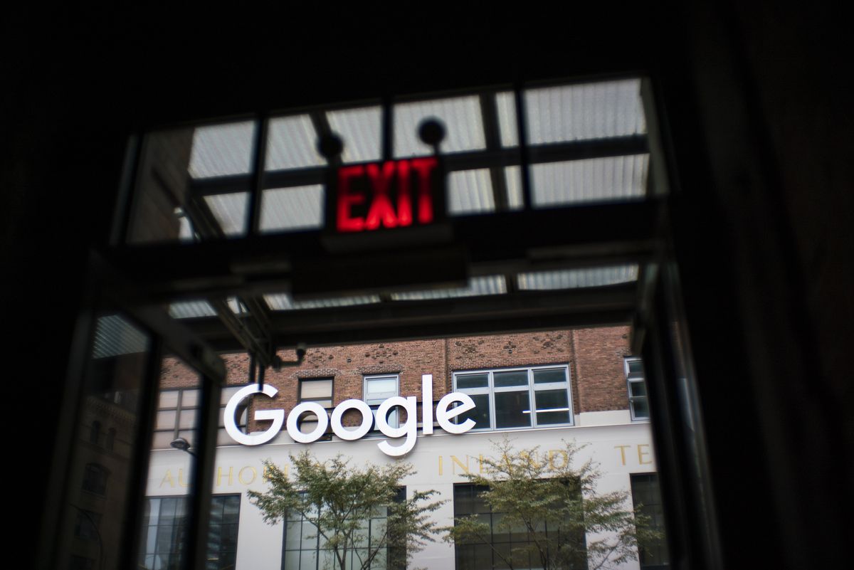 Google’s New York City office, with a red “Exit” sign prominent. 