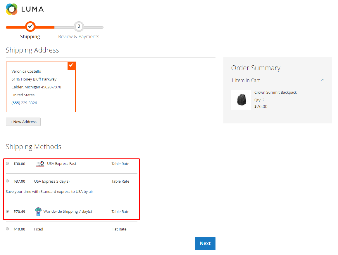 magento 2 Table Rate Shipping extension