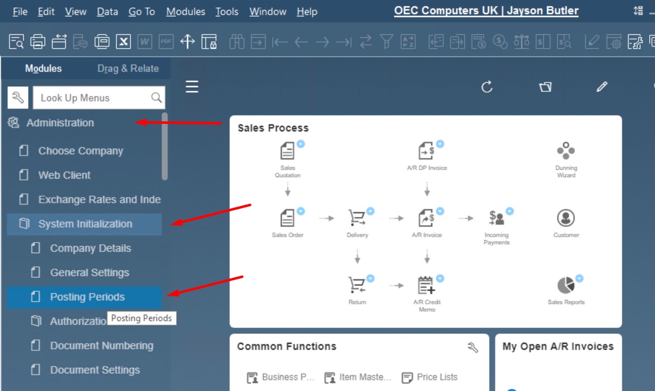 SAP business One financial accounting posting periods