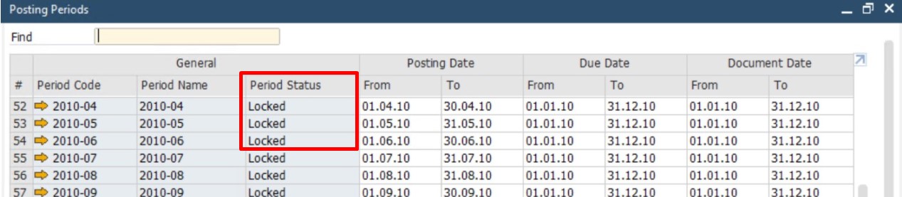 SAP business One financial accounting posting periods