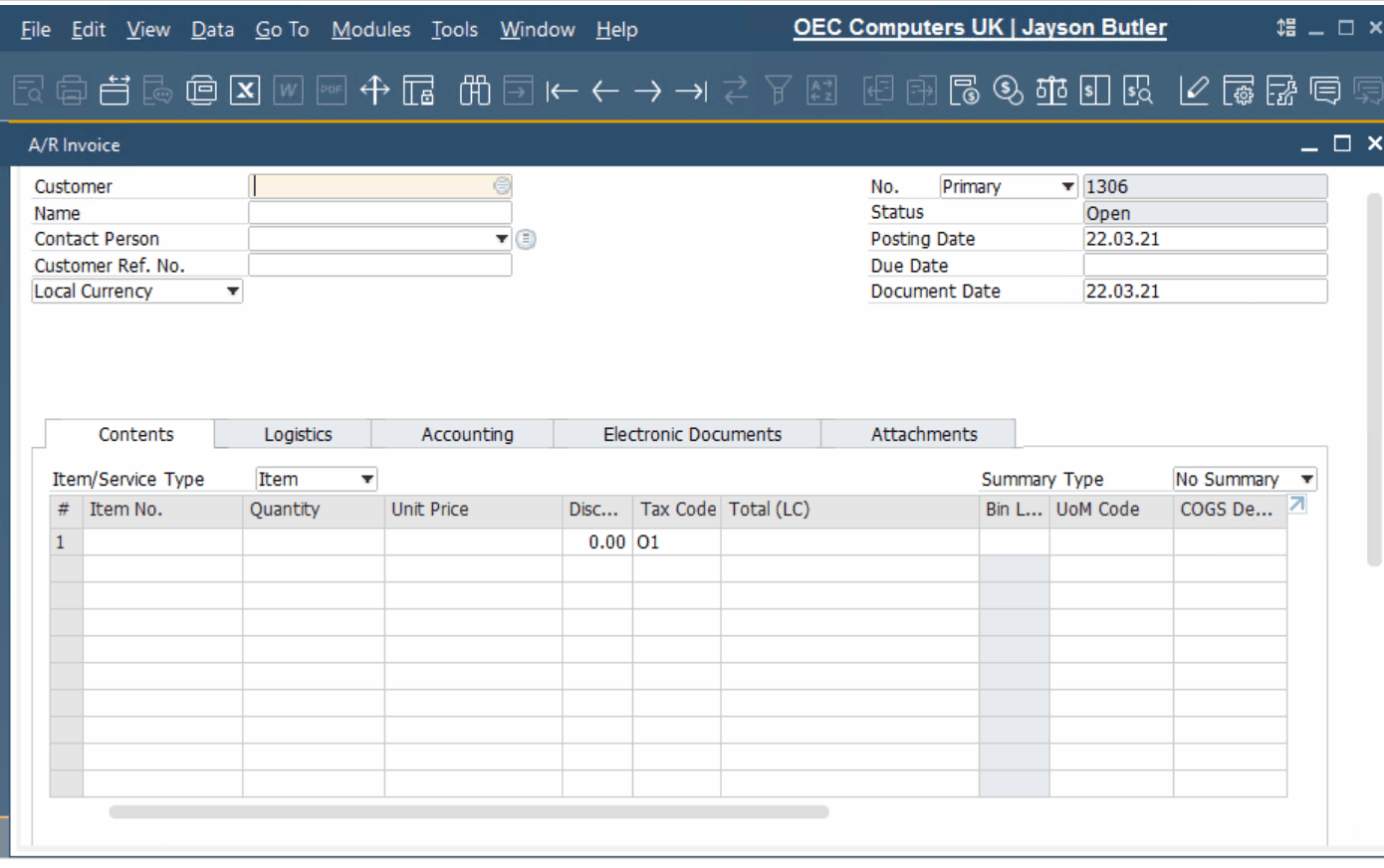 SAP business One financial accounting