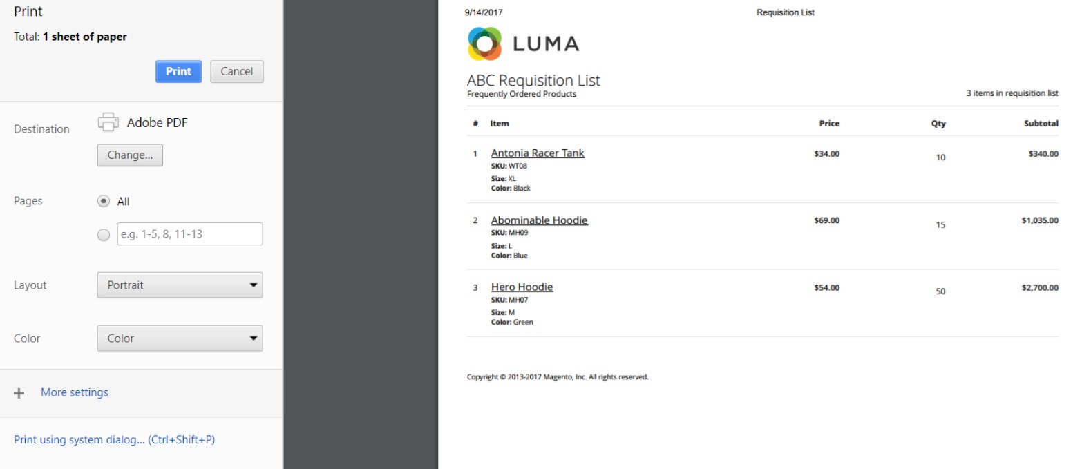 print a requisition list in magento 2