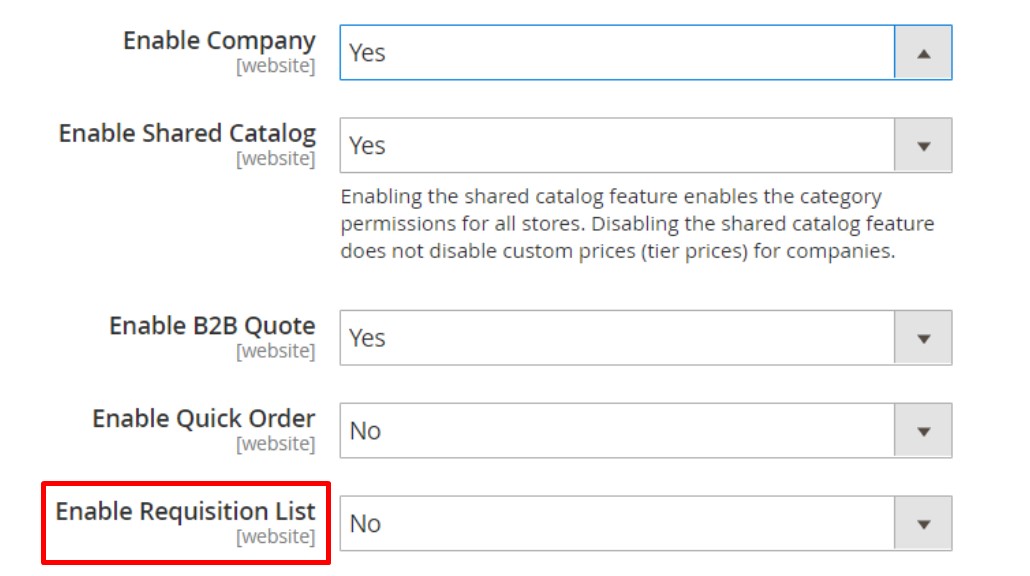 enable Magento 2 B2B Requisition List