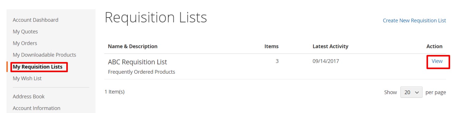 Magento 2 B2B Requisition List view