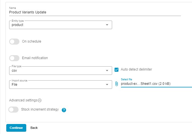 Import Shopify Metafields: select entity, file type, and source