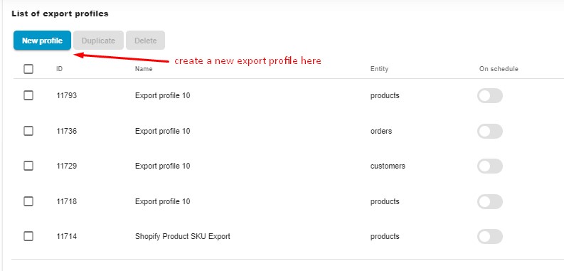 Export Metafield Shopify: Add new export profile