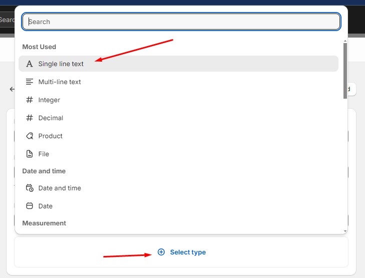 crearte shopify metafields: select definition type